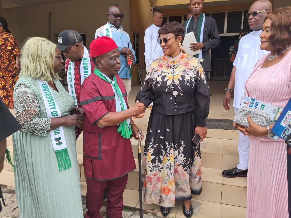 Dr. Basillia Igbokwe, the Rector, Fedpolynek in handshake with the Leader of UNAAOWB Courtesy Visit delegation- Prof. Awuzie, former Vice Chancellor,  Imo State University & Past National President of the Academic Staff Union of Universities (ASUU)