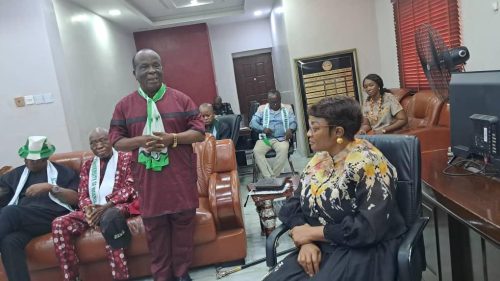 Former Vice Chancellor of Imo State University and Past National President of the Academic Staff Union of Universities (ASUU),  Prof Aloysius Ukachukwu Awuzie addressing the Rector,  Fedpolynek during the University of Nigeria Alumni Association Owerri Branch Courtesy Visit on Tuesday 22nd July, 2025